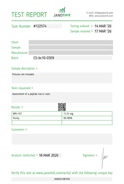 COA de BPC-157, 10 mg, Janoshik, reporte 122574