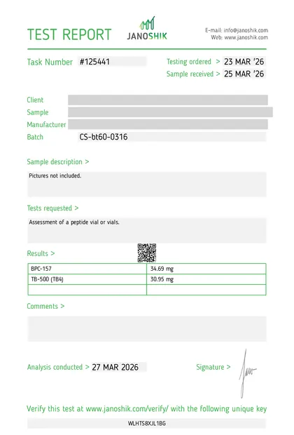 COA de BPC-157 + TB-500, presentación no impresa, Janoshik, reporte 125441
