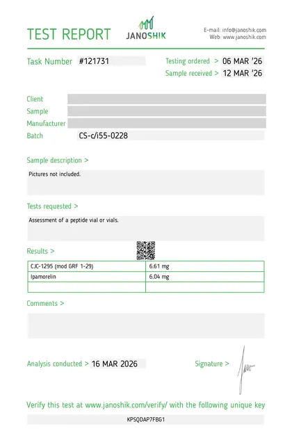 COA de CJC-1295 + Ipamorelin, 5 mg + 5 mg, Janoshik, reporte 121731