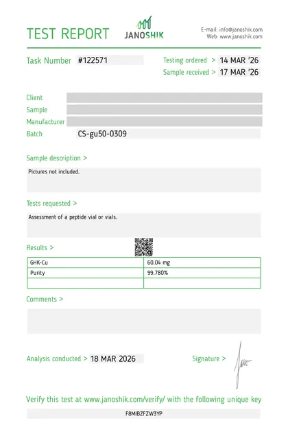 COA de GHK-Cu, 50 mg, Janoshik, reporte 122571