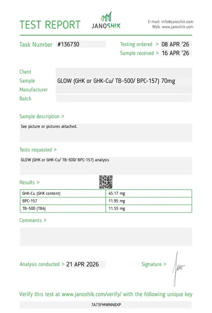 COA de GLOW · GHK-Cu + BPC-157 + TB-500, 70 mg nominales, Janoshik, reporte 136730