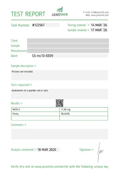 COA de MOTS-c, 10 mg, Janoshik, reporte 122567