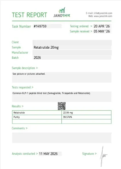 COA de Retatrutide, 20 mg, Janoshik, reporte 149759