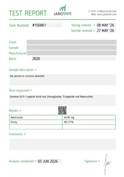 COA de Retatrutide, presentación no impresa, Janoshik, reporte 156861