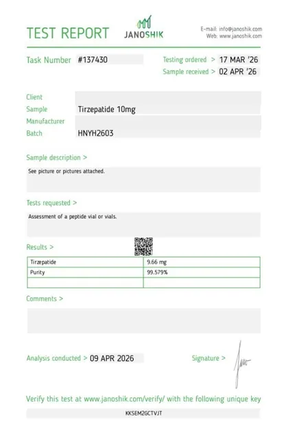 COA de Tirzepatide, 10 mg, Janoshik, reporte 137430