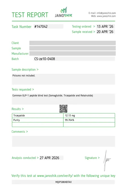 COA de Tirzepatide, 10 mg, Janoshik, reporte 147042