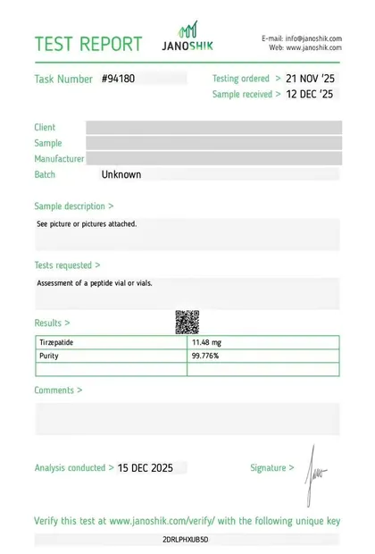 COA de Tirzepatide, presentación no impresa, Janoshik, reporte 94180