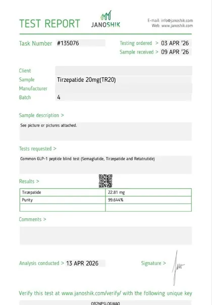 COA de Tirzepatide, 20 mg, Janoshik, reporte 135076