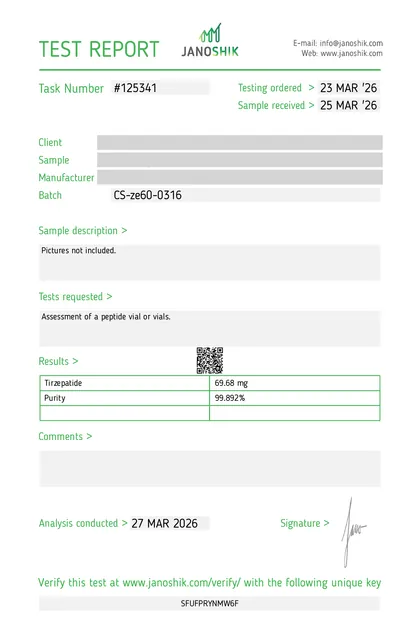 COA de Tirzepatide, 60 mg, Janoshik, reporte 125341