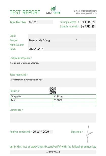 COA de Tirzepatide, 60 mg, Janoshik, reporte 63319