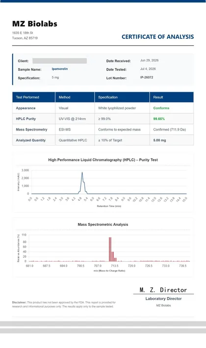COA de Ipamorelin, 5 mg, MZ Biolabs