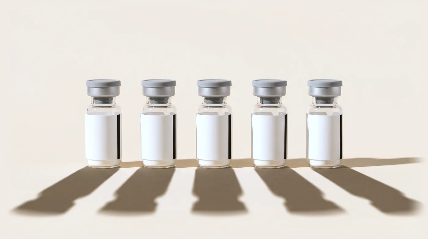 Ilustración de cinco viales de vidrio con tapa gris y etiqueta blanca, en fila, con sus sombras largas sobre fondo crema.