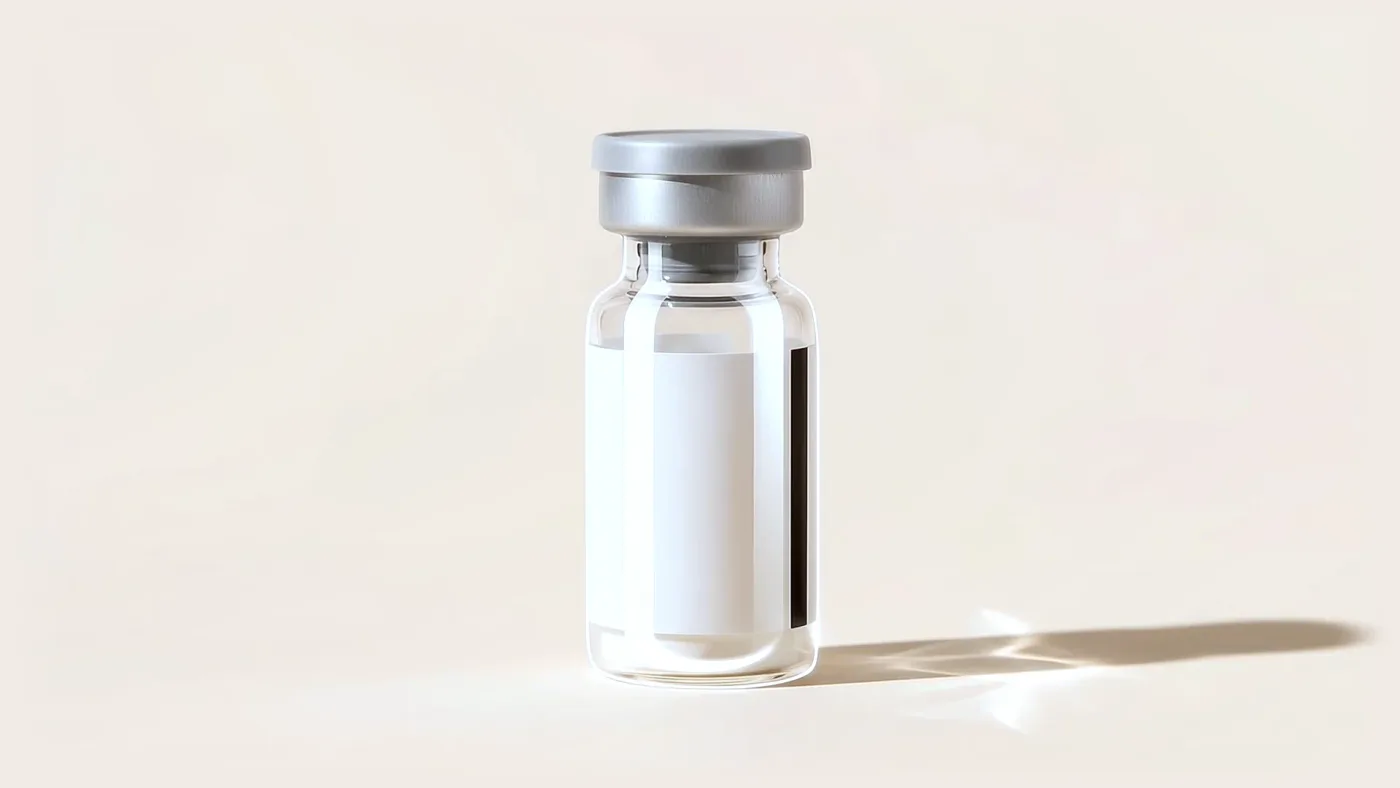 Ilustración de un vial de vidrio transparente con tapa gris y etiqueta blanca con una franja negra, sobre fondo crema.